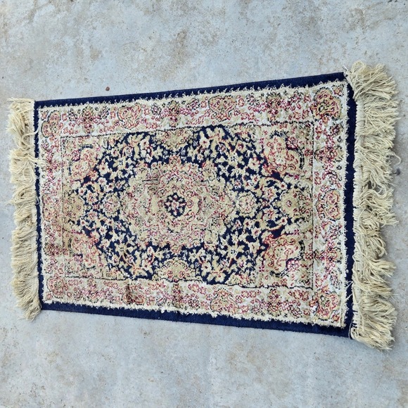 Other - Vintage Navy Blue Medallion Accent Rug Ivory Cream Fringe Traditional Floral 2x3